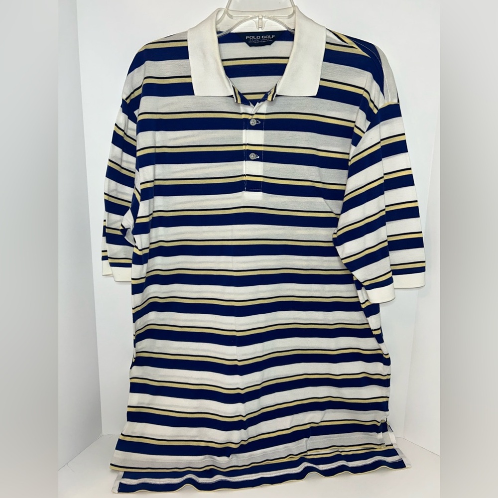 Polo Golf mens VINTAGE white blue yellow stripe short sleeve polo size Medium